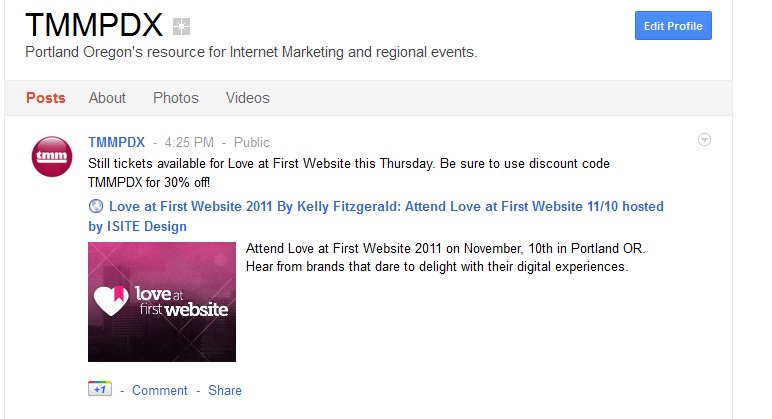 Google+ blue edit profile button allows you to update your page information.